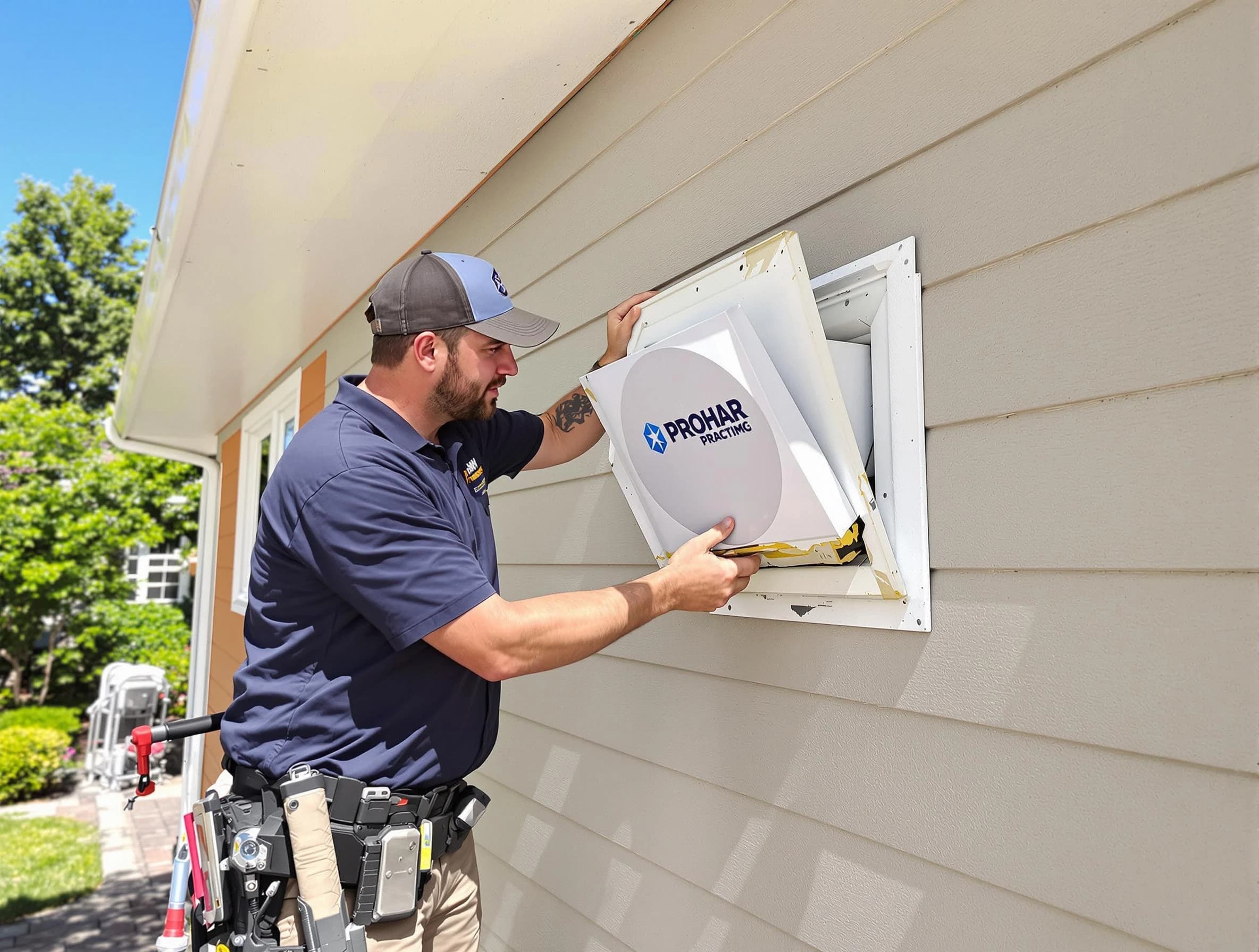 Buford Dryer Vent Cleaning technician installing a new protective dryer vent cover on a home in Buford