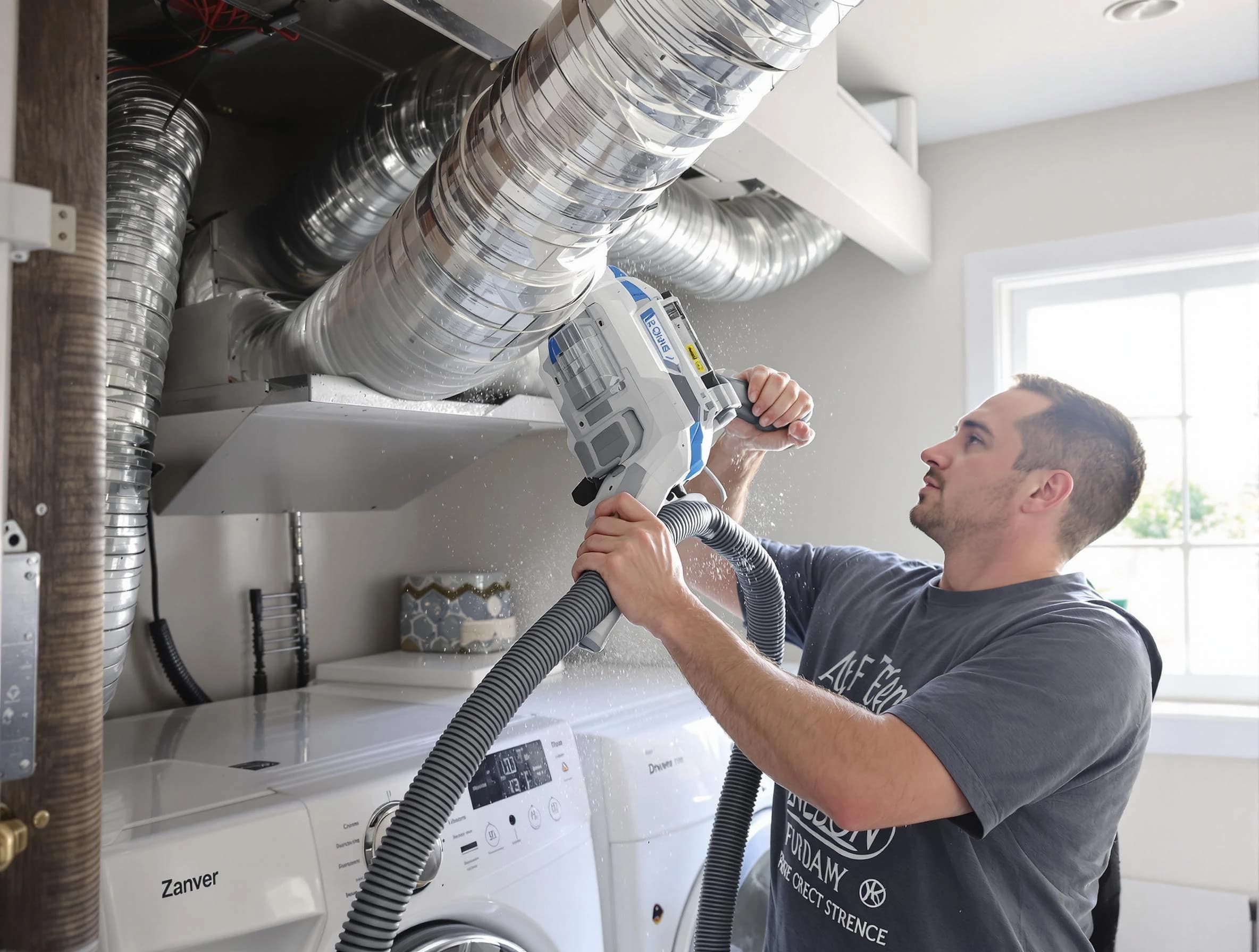Buford Dryer Vent Cleaning specialist cleaning deep within a dryer vent duct system in Buford