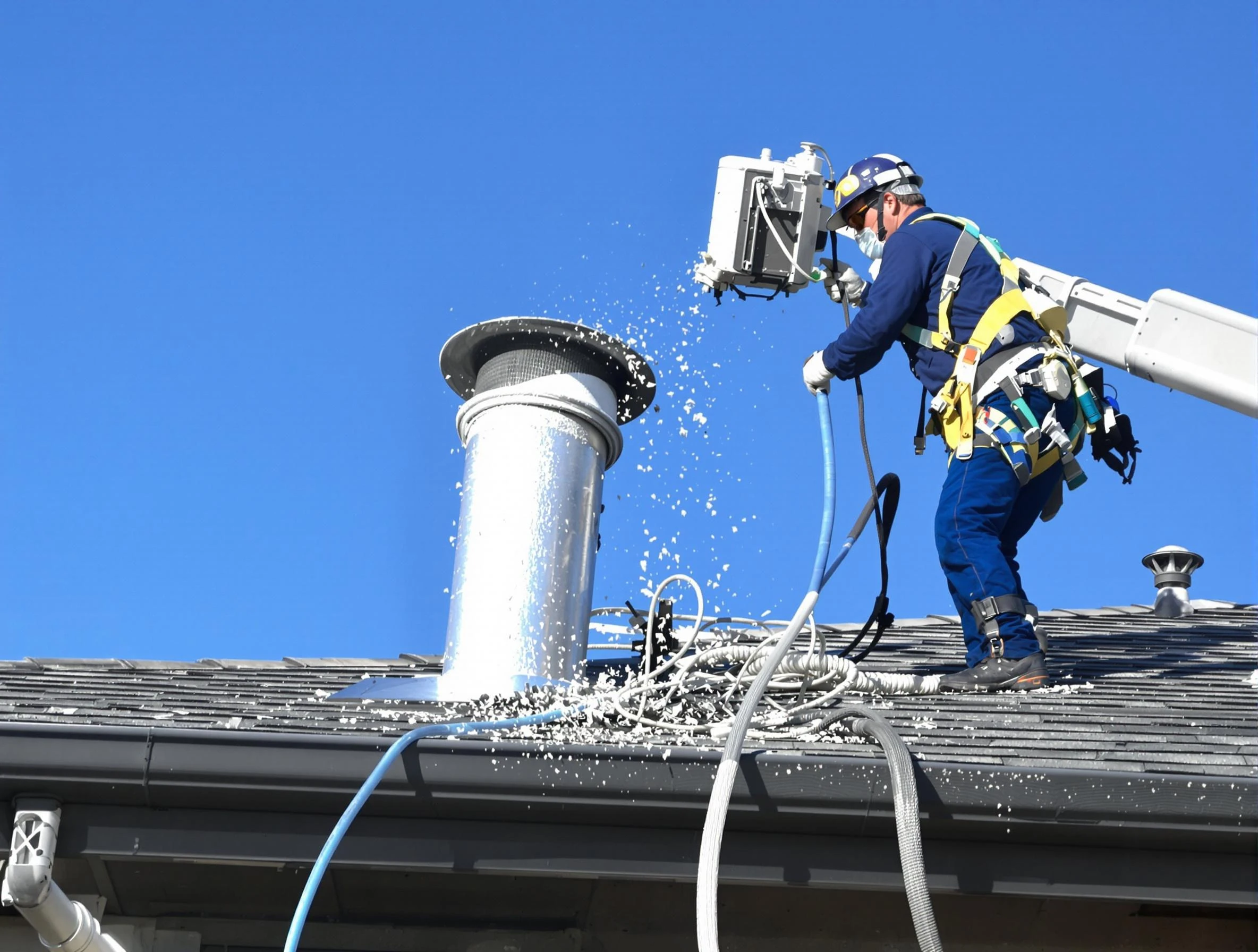 Buford Dryer Vent Cleaning certified technician safely cleaning a roof-mounted dryer vent in Buford
