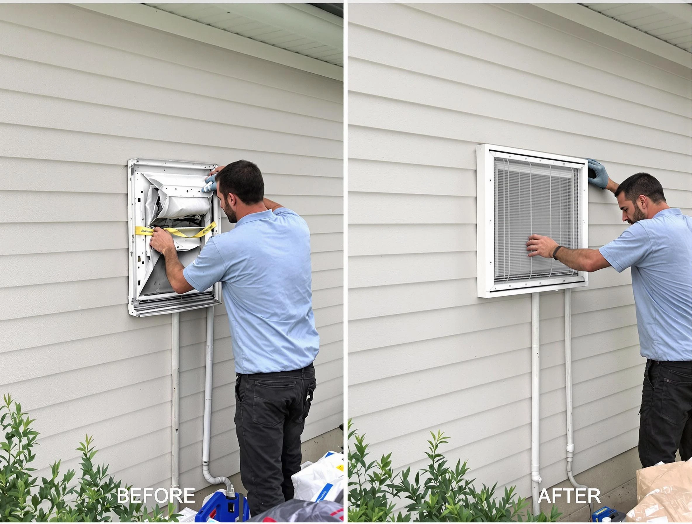 Buford Dryer Vent Cleaning technician installing high-quality dryer vent cover at a residential property in Buford
